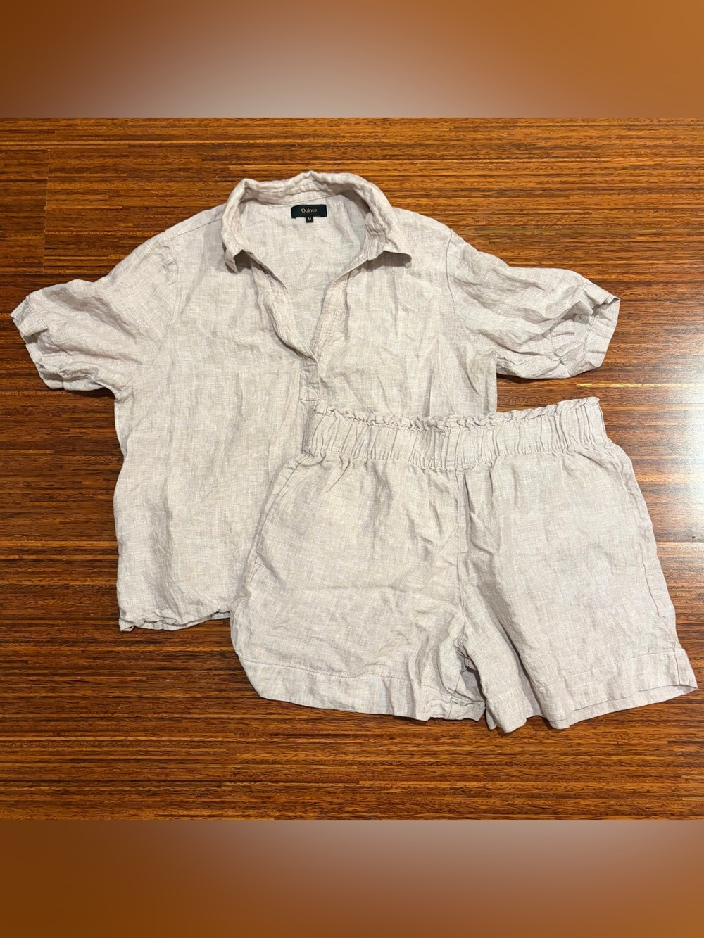 QUINCE 100% European Linen Short Sleeve Popover Top And Short Set Pink Medium